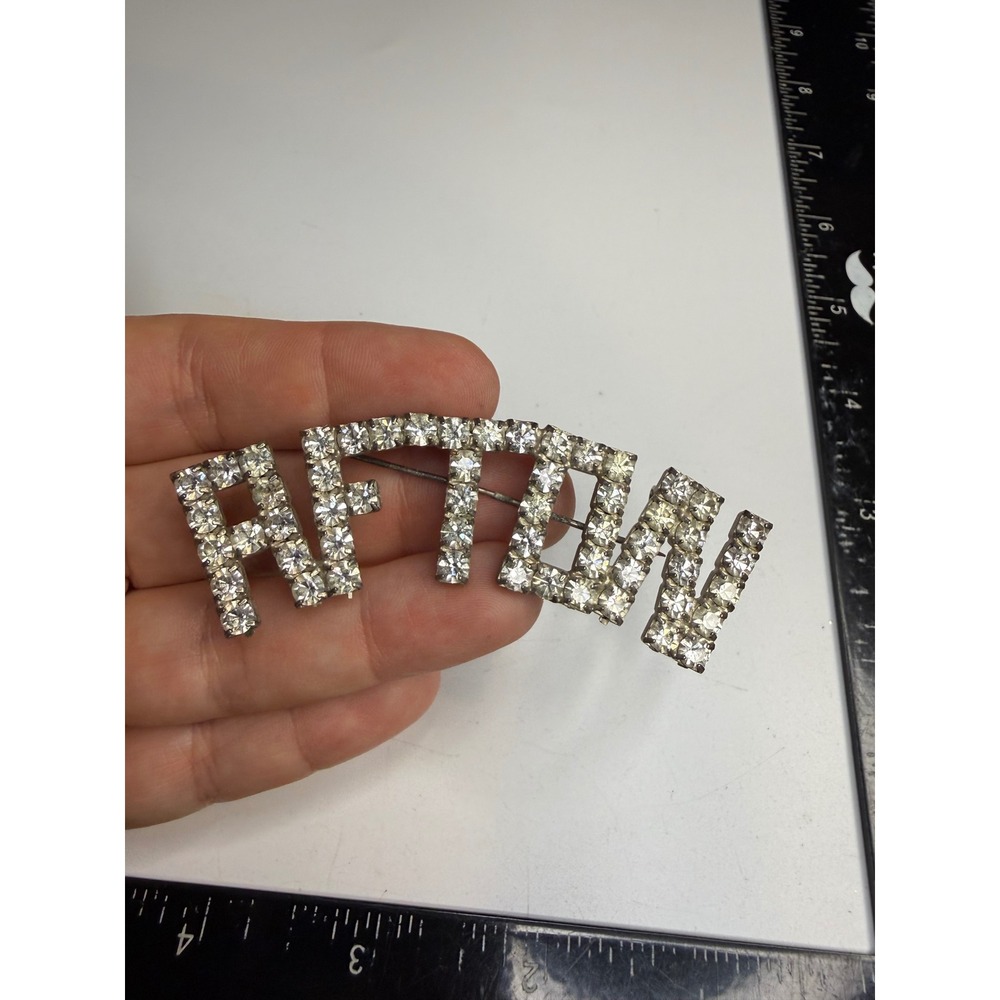 Vintage Rhinestone AFTON Brooch Silver Tone Clear Crystal Letter Pin